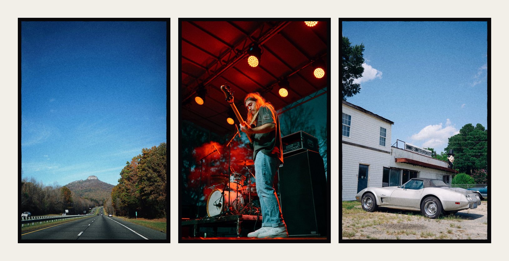 A triptych of a highway, a bassist on stage and a Corvette