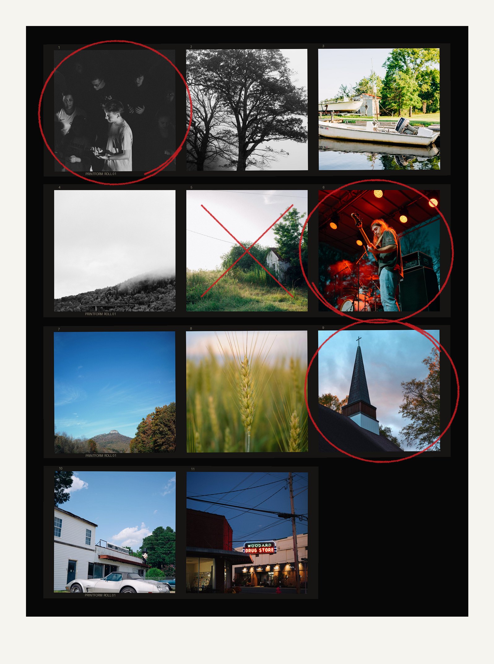 A 120 contact sheet with three frames circled and one crossed out in red grease pencil